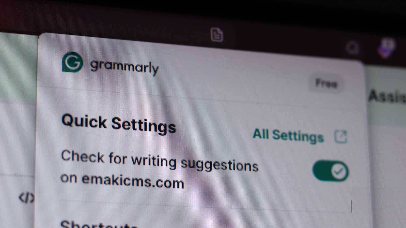 Bảng cài đặt nhanh của Grammarly
