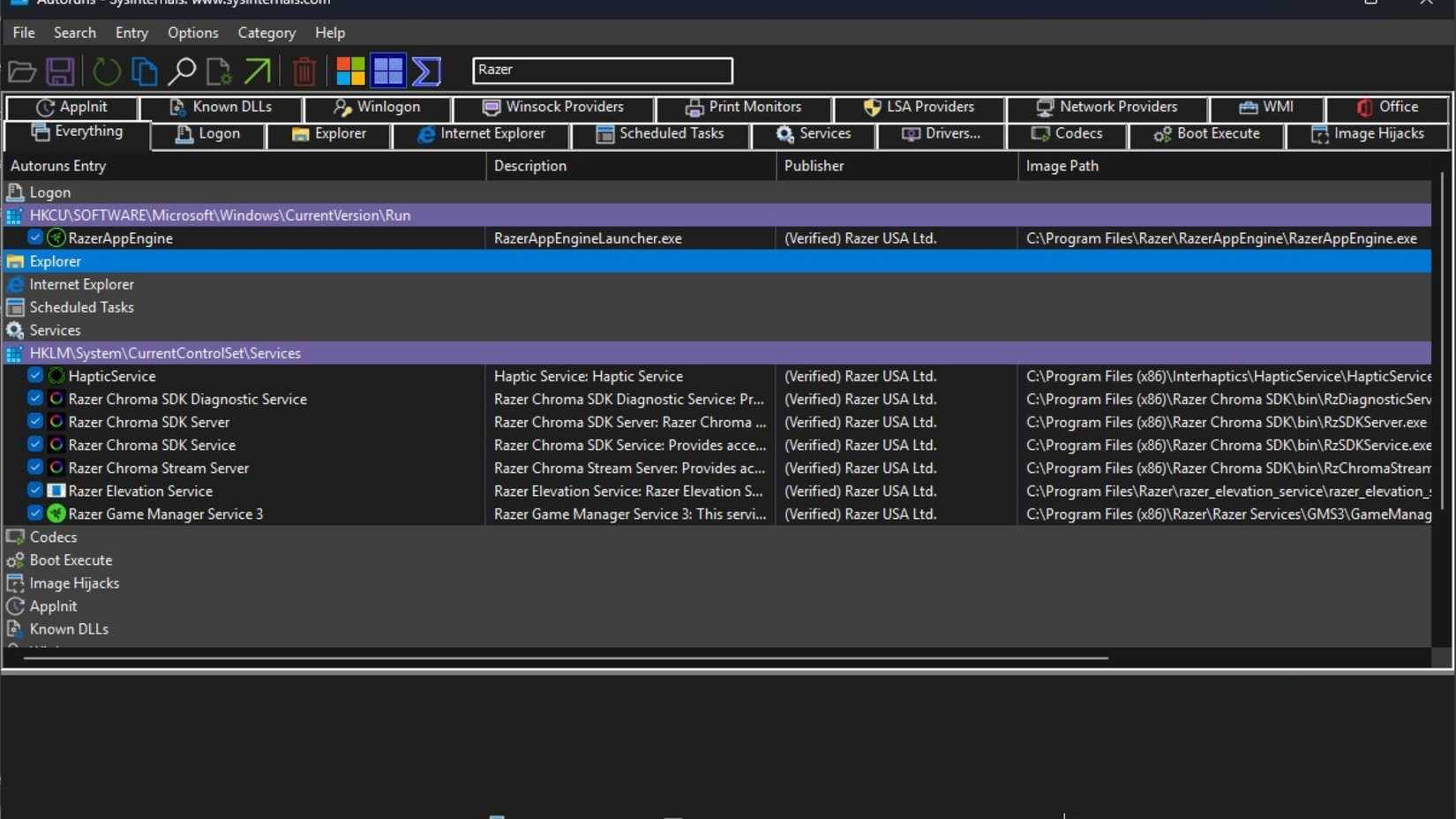 Các mục Razer trong Autoruns