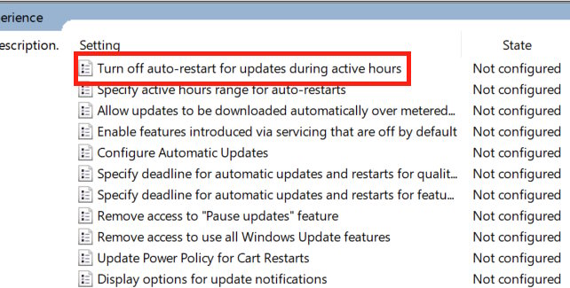 Turn off auto-restart for updates during active hours.