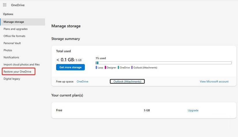 Tùy chọn khôi phục OneDrive
