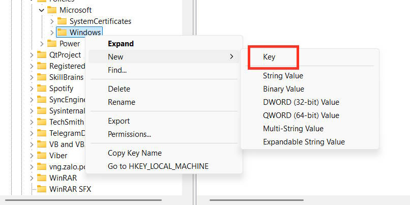 Tạo khóa mới trong khóa Windows