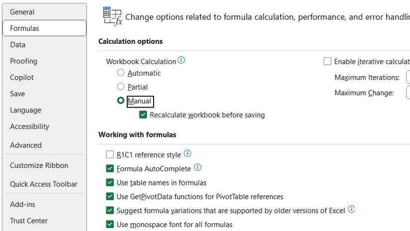 Thiết lập tính toán đa luồng thành thủ công trong Excel