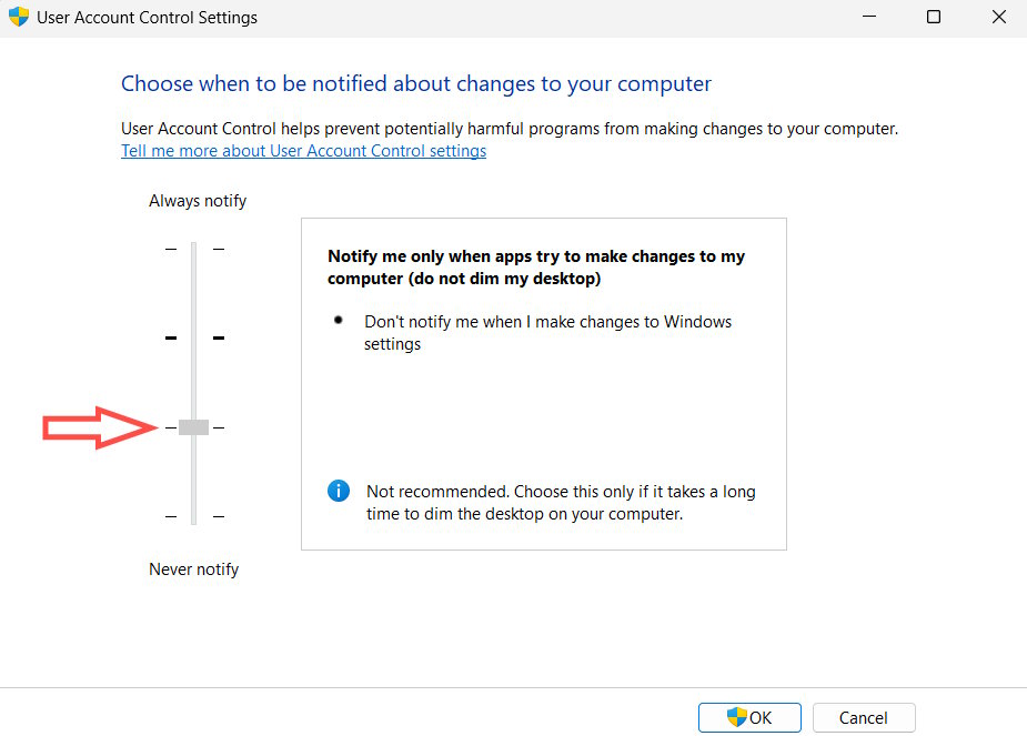 Chỉnh mức can thiệp User Account Control