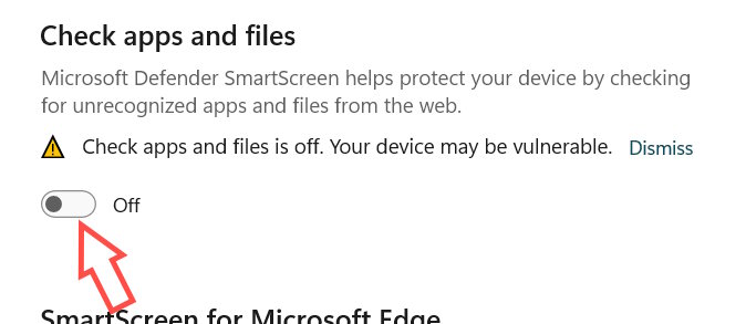 Tắt Check Apps and Files