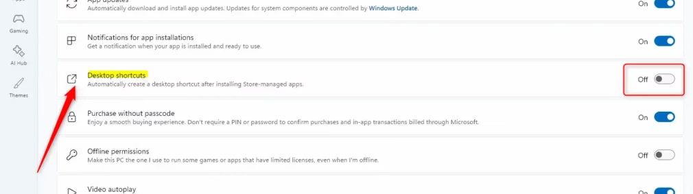 Tắt shortcuts Microsoft Store