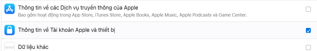  Thông tin tài khoản Apple và thiết bị 