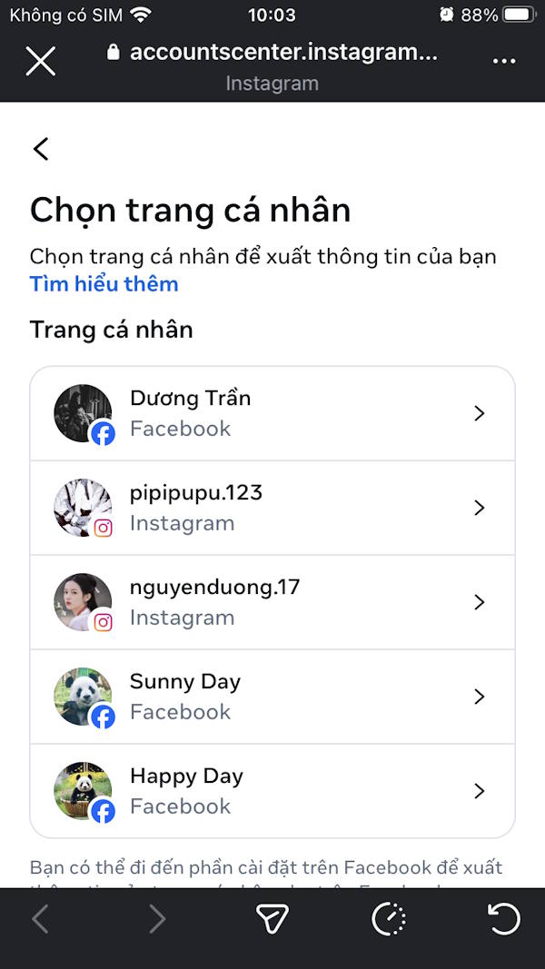 Chọn tài khoản Instagram