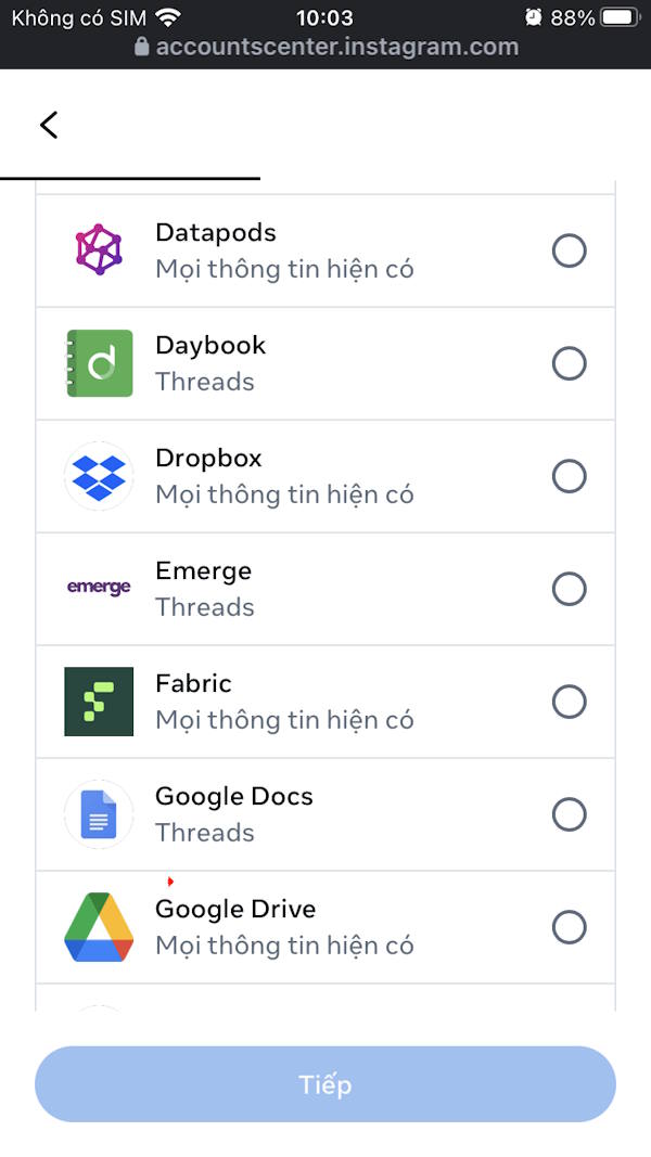 Xuất tài khoản sang ứng dụng 