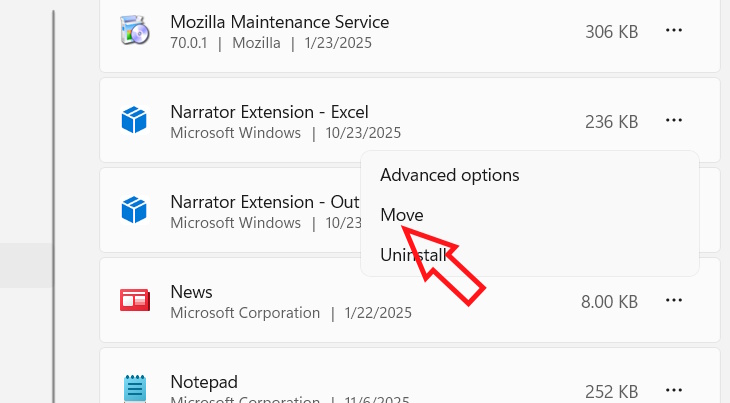 Chọn di chuyển ổ đĩa cài đặt ứng dụng Windows 