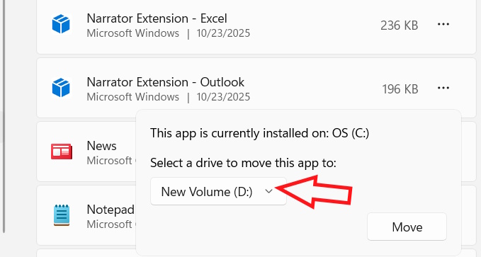 Di chuyển ứng dụng sang ổ đĩa khác Windows 11