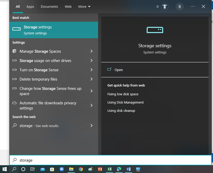 Mở Storage Settings