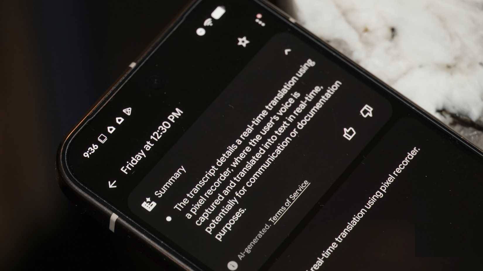 Một bản tóm tắt do AI tạo ra trong ứng dụng Pixel Recorder