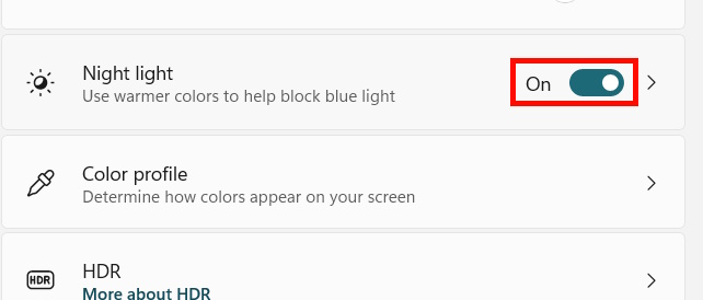 Bật Night Light Windows 11