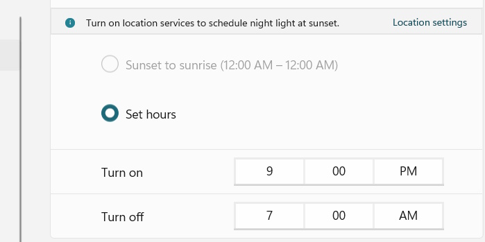 Thời gian lên lịch bật Night Light Windows 11