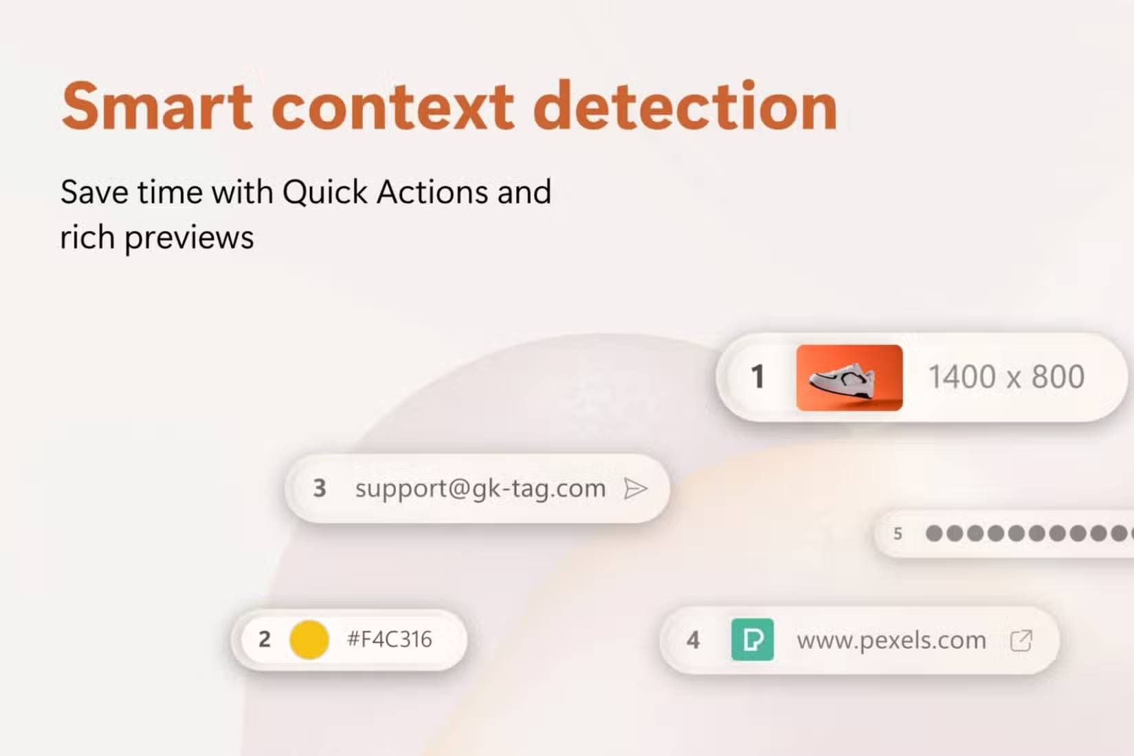 Tính năng phát hiện thông minh của ClipShelf, hiển thị 5 mục đã sao chép khác nhau