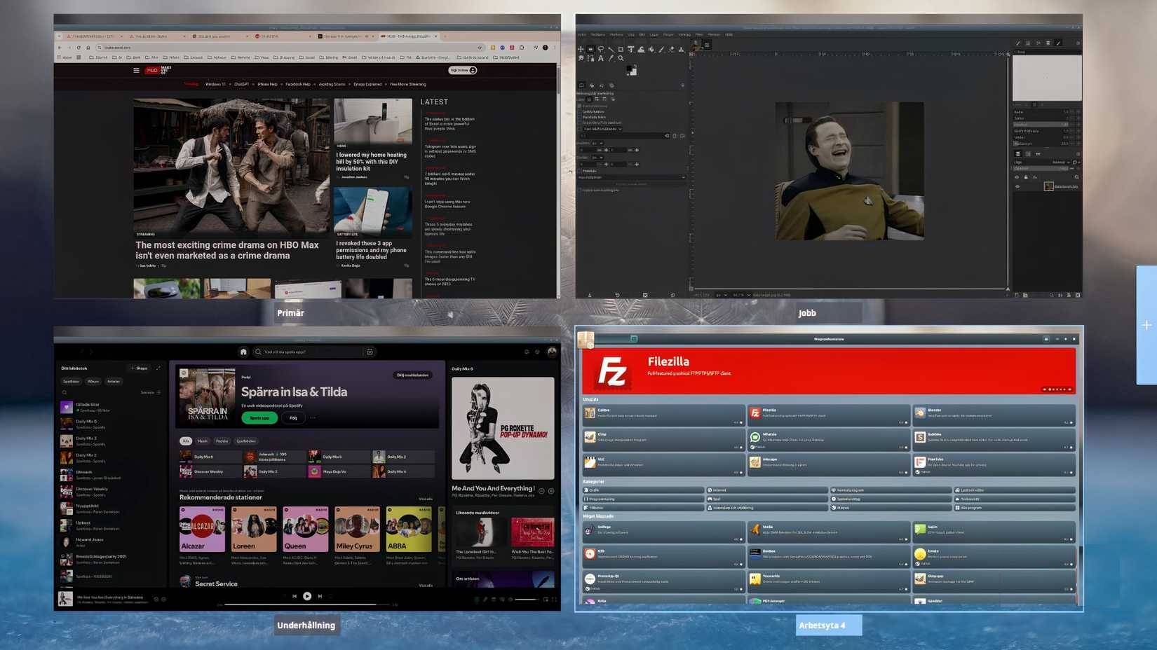 Các phần mềm khác nhau được hiển thị trên desktop Linux