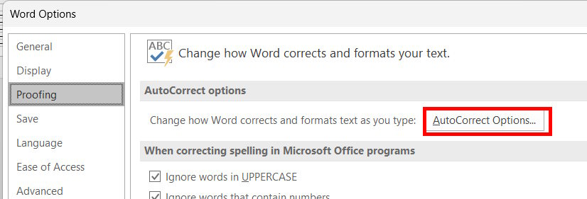 AutoCorrect Options Word