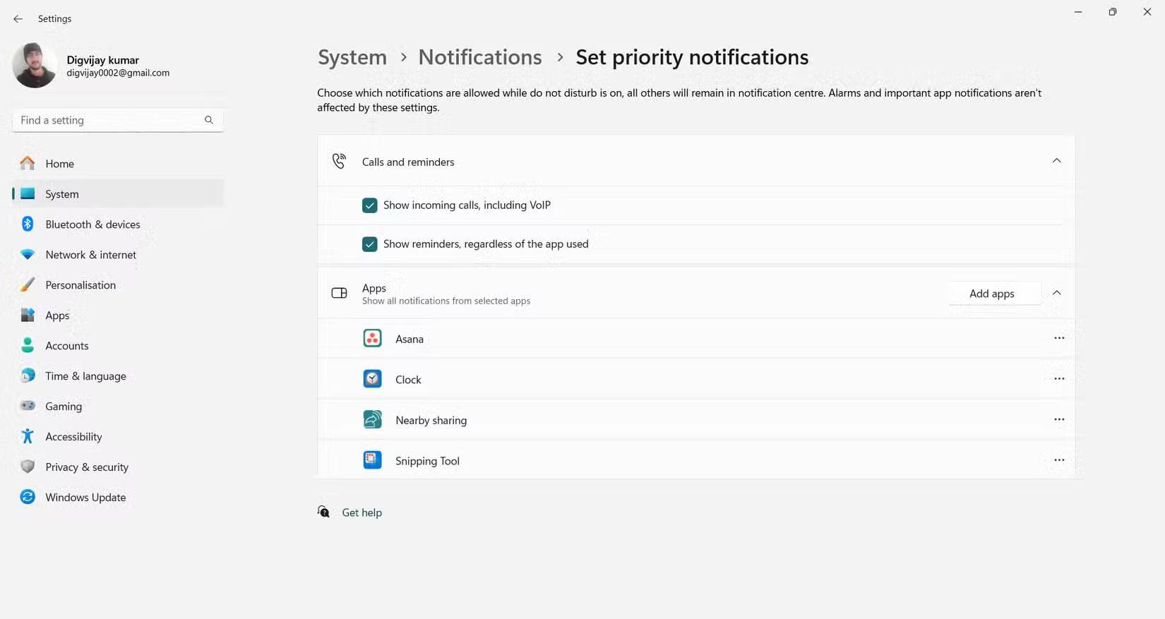 Thiết lập thông báo ưu tiên trong menu Windows Settings