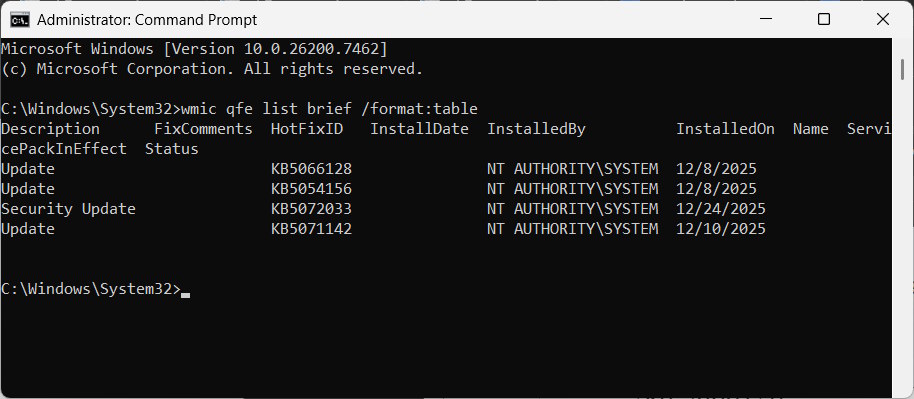 Command Prompt danh sách cập nhật