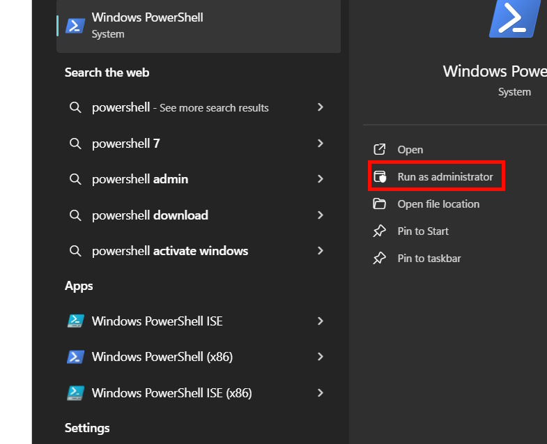 Chạy PowerShell quyền Admin 