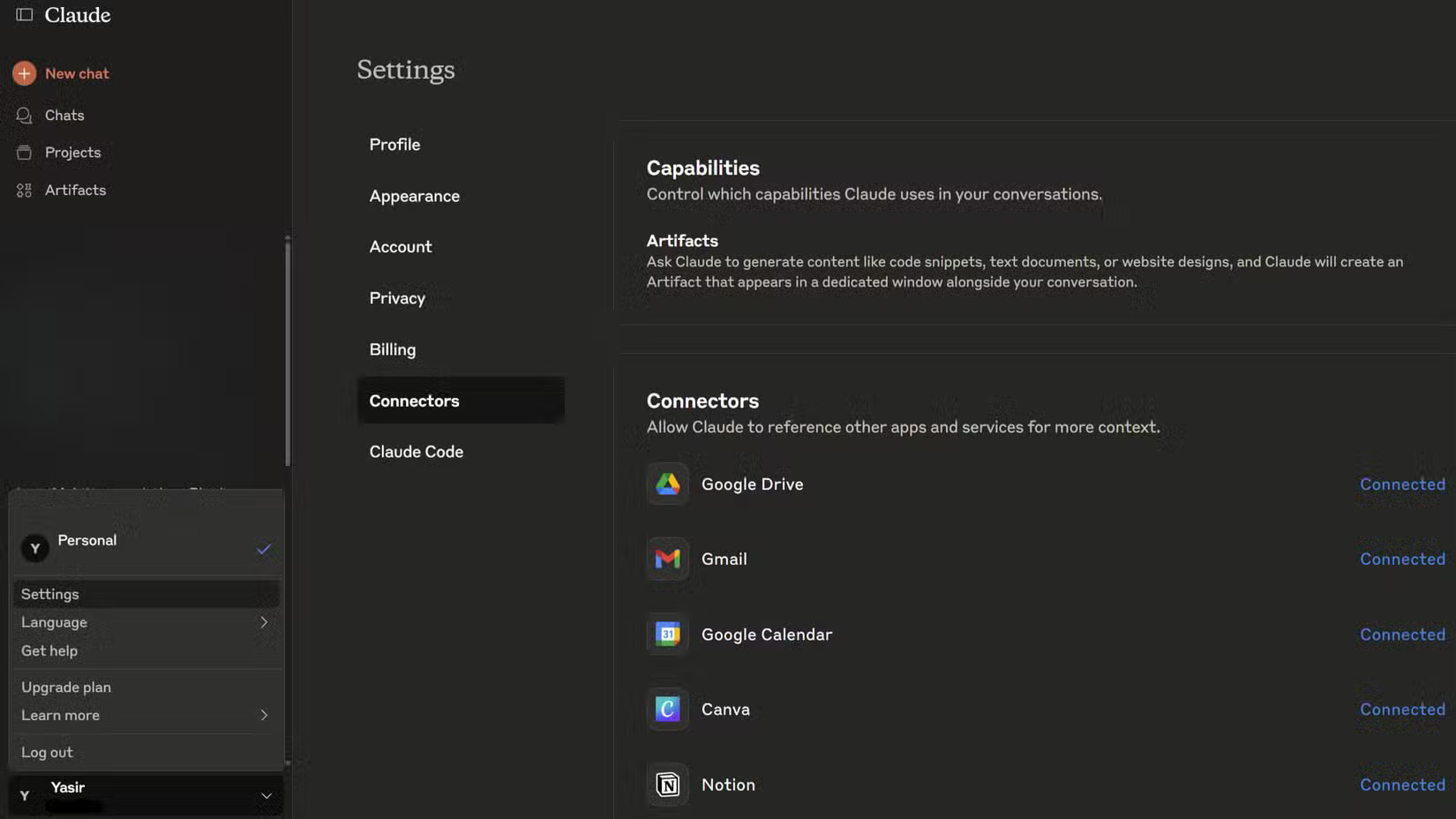 Cài đặt connector Claude hiển thị các ứng dụng đã kết nối
