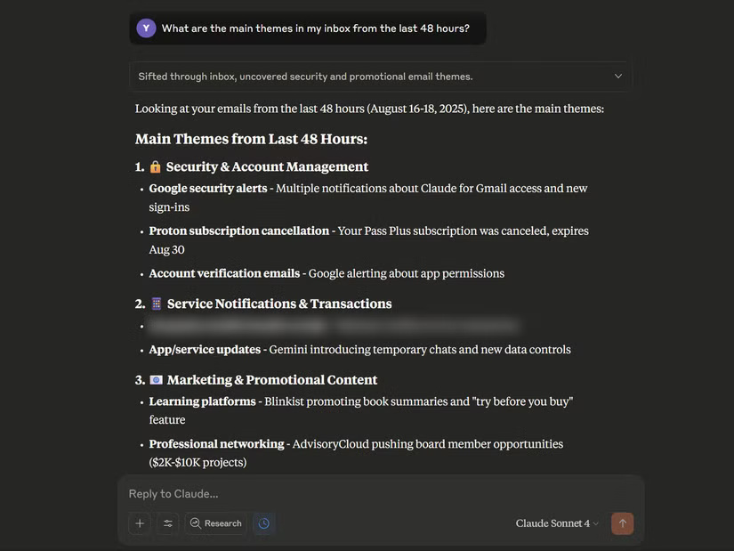 Claude Sonnet 4.0 được đưa ra yêu cầu về các chủ đề trong hộp thư đến email