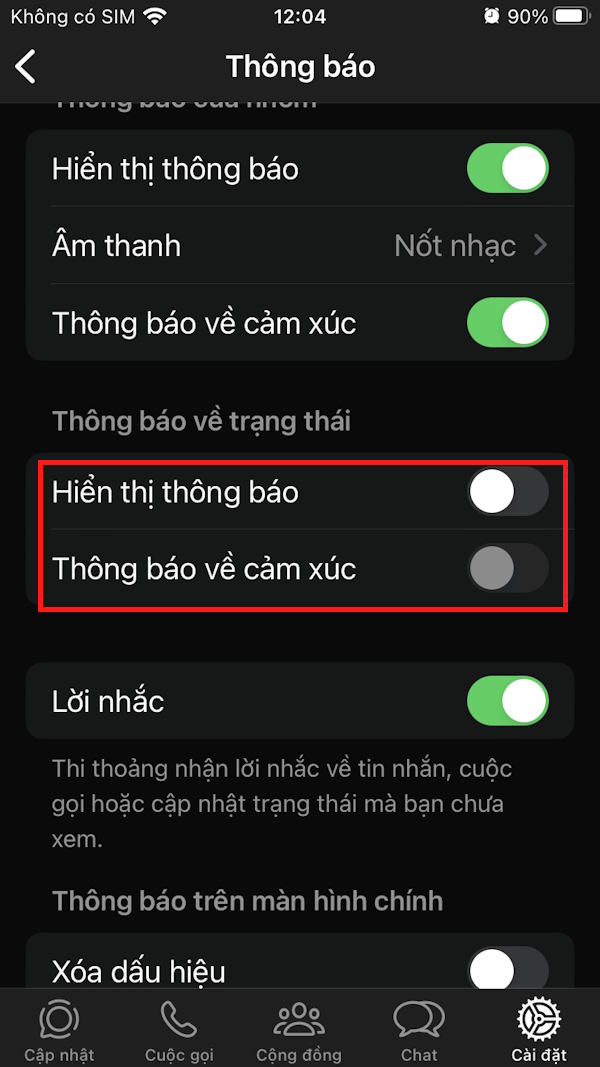 Tắt thông báo cảm xúc