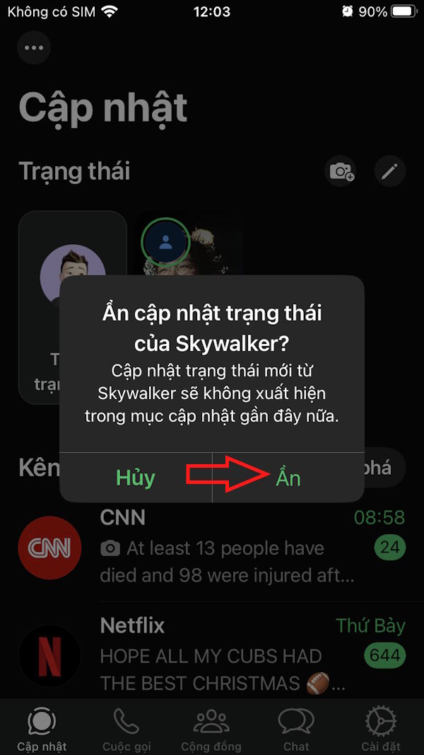 Chọn ẩn thông báo status WhatsApp bạn bè