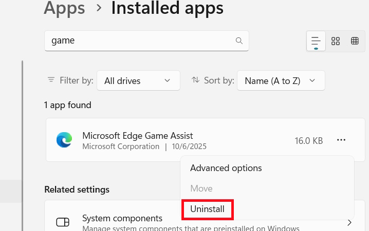 Gỡ Microsoft Edge Game Assist