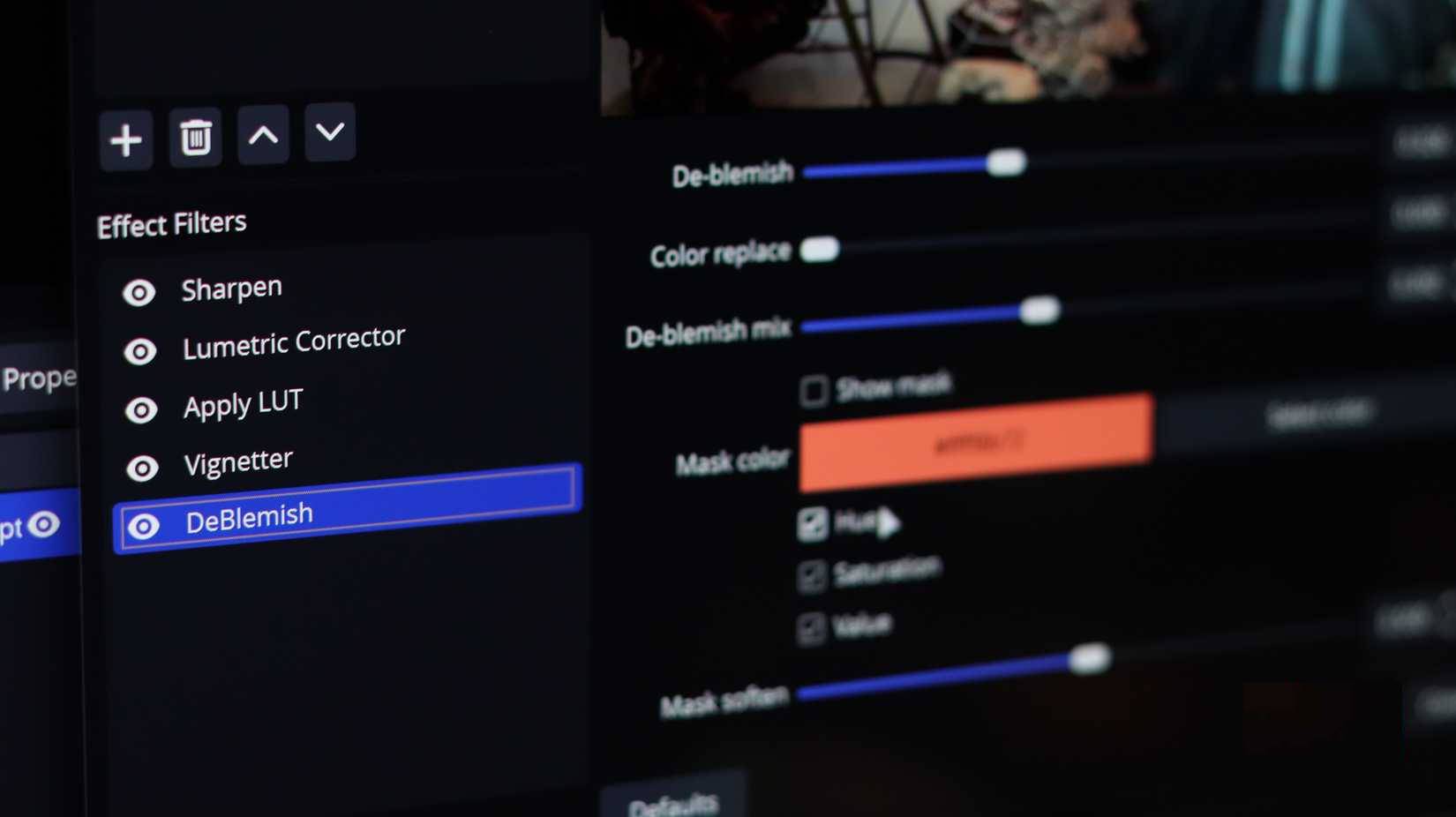 Thiết lập bộ lọc làm mờ khuyết điểm trong OBS