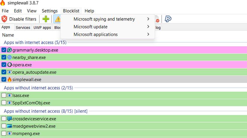 Bộ lọc chặn dữ liệu telemetry của Microsoft trong Simplewall