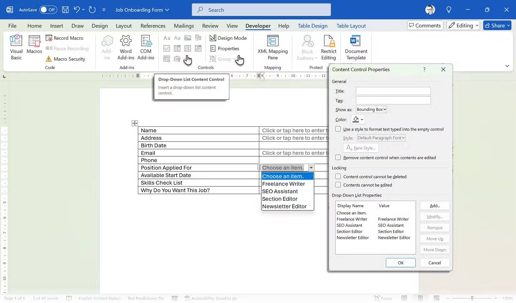 Chèn điều khiển drop-down trong biểu mẫu Word