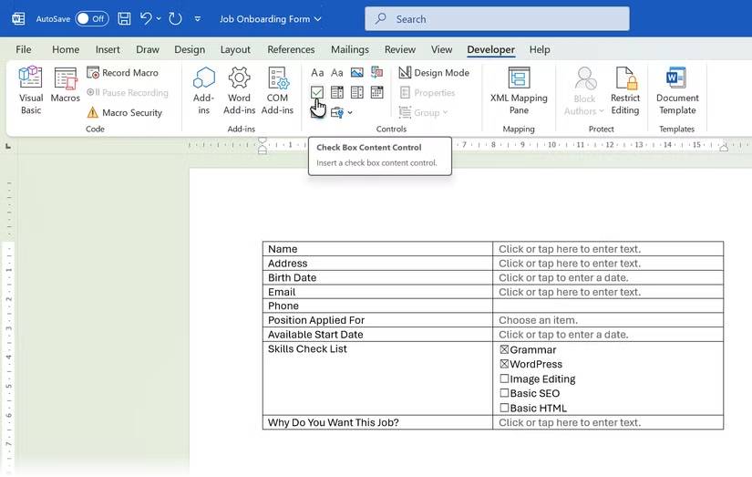 Chèn Check Box Control trong biểu mẫu Word