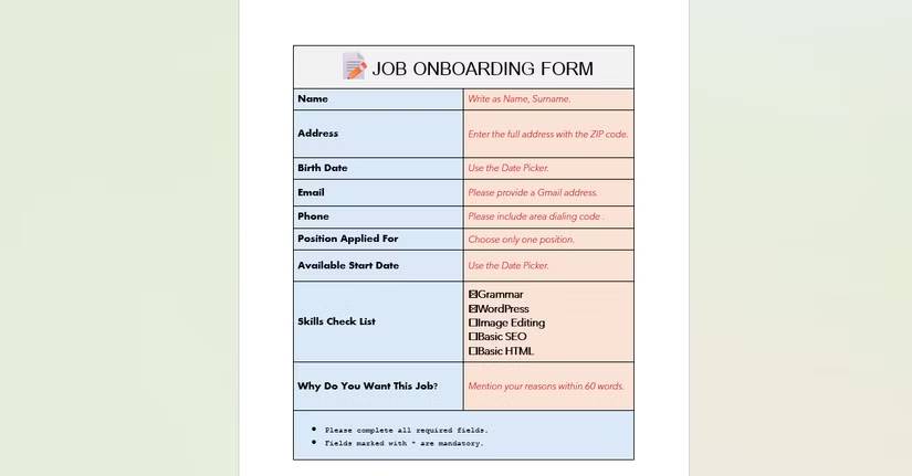 Tổng quan về biểu mẫu đã hoàn thành trong Word