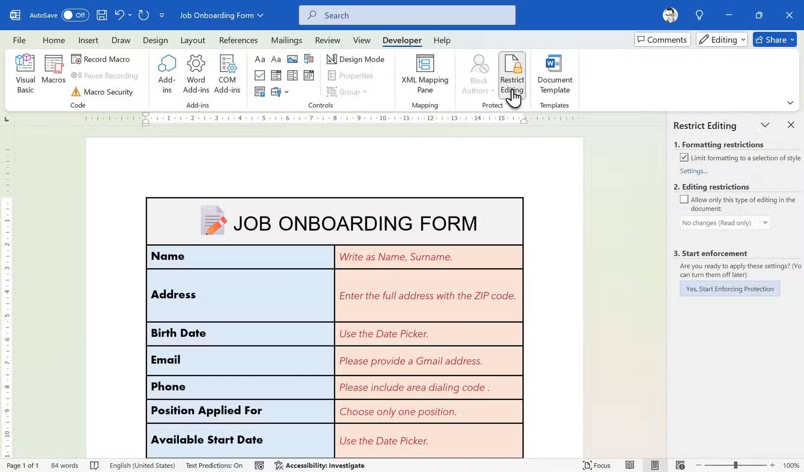 Hạn chế chỉnh sửa biểu mẫu Word