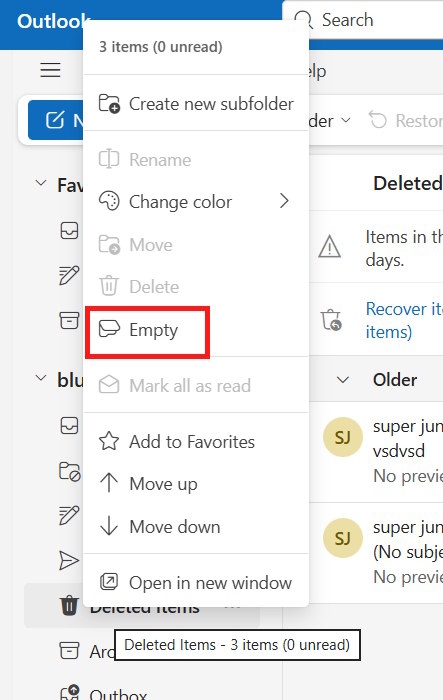 Dọn sạch thư mục Deleted Items Outlook thủ công