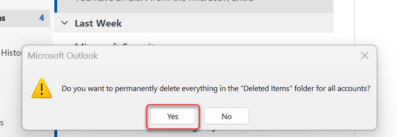 Xác nhận dọn sạch thư mục Deleted Items khi thoát Outlook