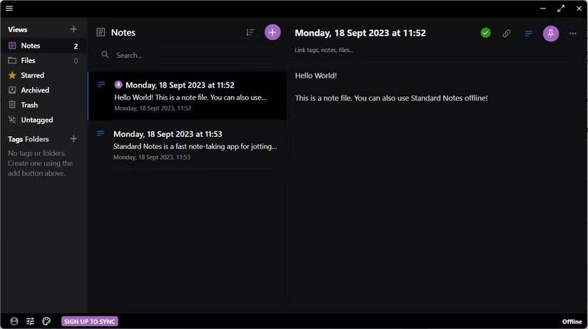 Giao diện chính của Standard Notes