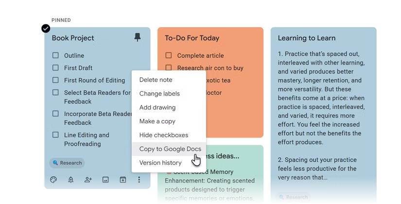 Sao chép Keep vào Google Doc