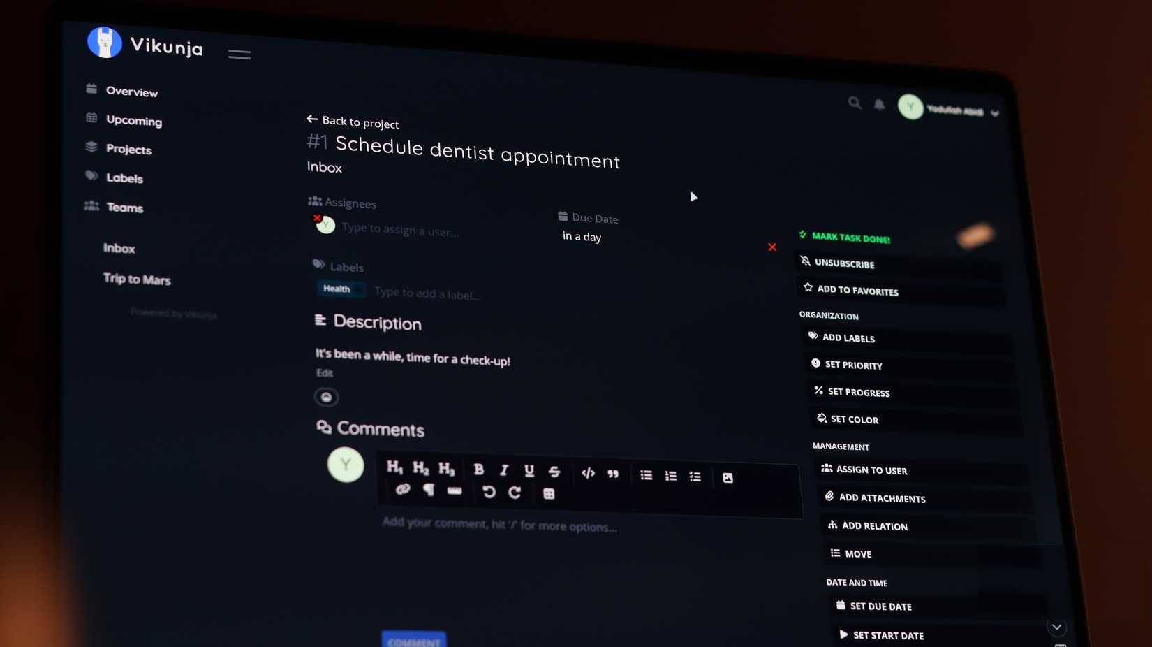 Menu thông tin nhiệm vụ của Vikunja