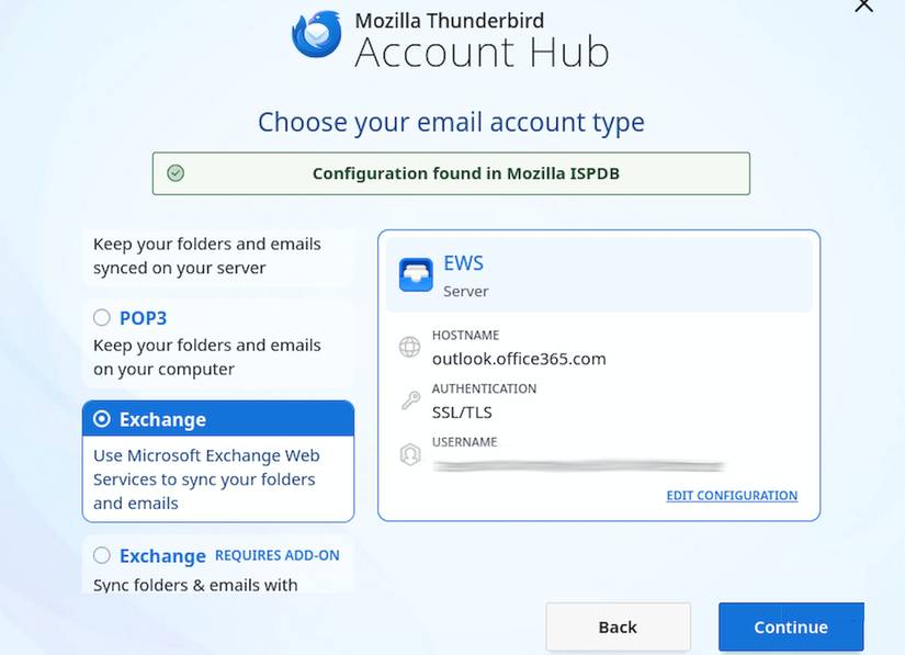 Màn hình Mozilla Thunderbird Account Hub chọn loại tài khoản Exchange với chi tiết cấu hình Outlook Office 365 hiển thị