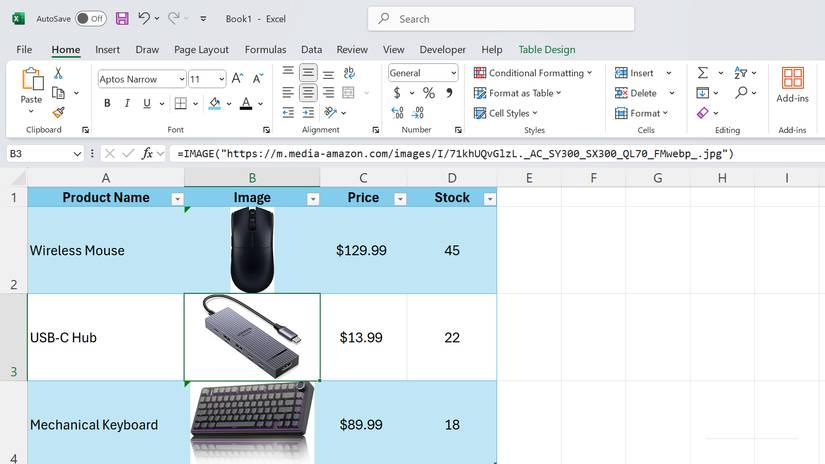 Bảng Excel hiển thị hình ảnh hàng tồn kho bằng cách sử dụng hàm IMAGE