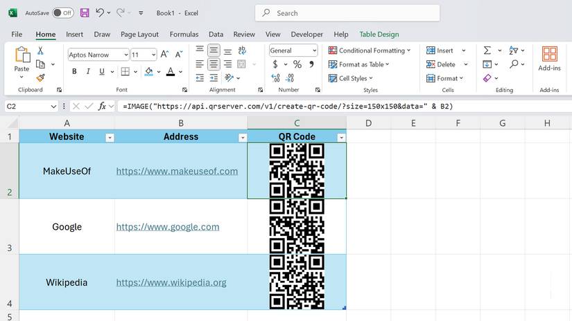 Bảng Excel hiển thị mã QR cho các trang web bằng cách sử dụng hàm IMAGE