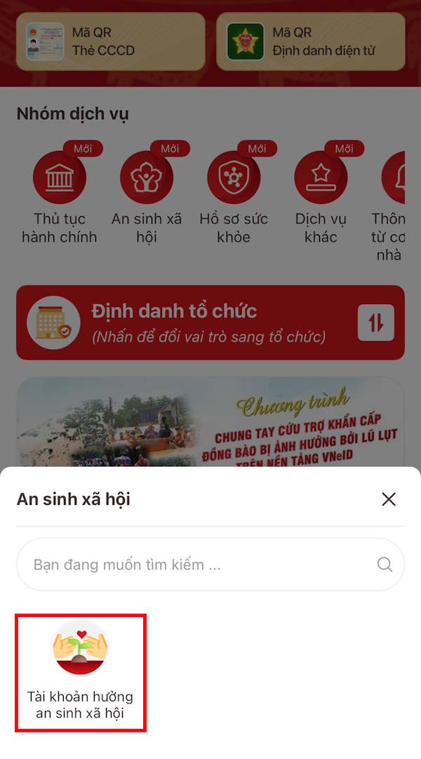 Tài khoản hưởng an sinh xã hội VneID