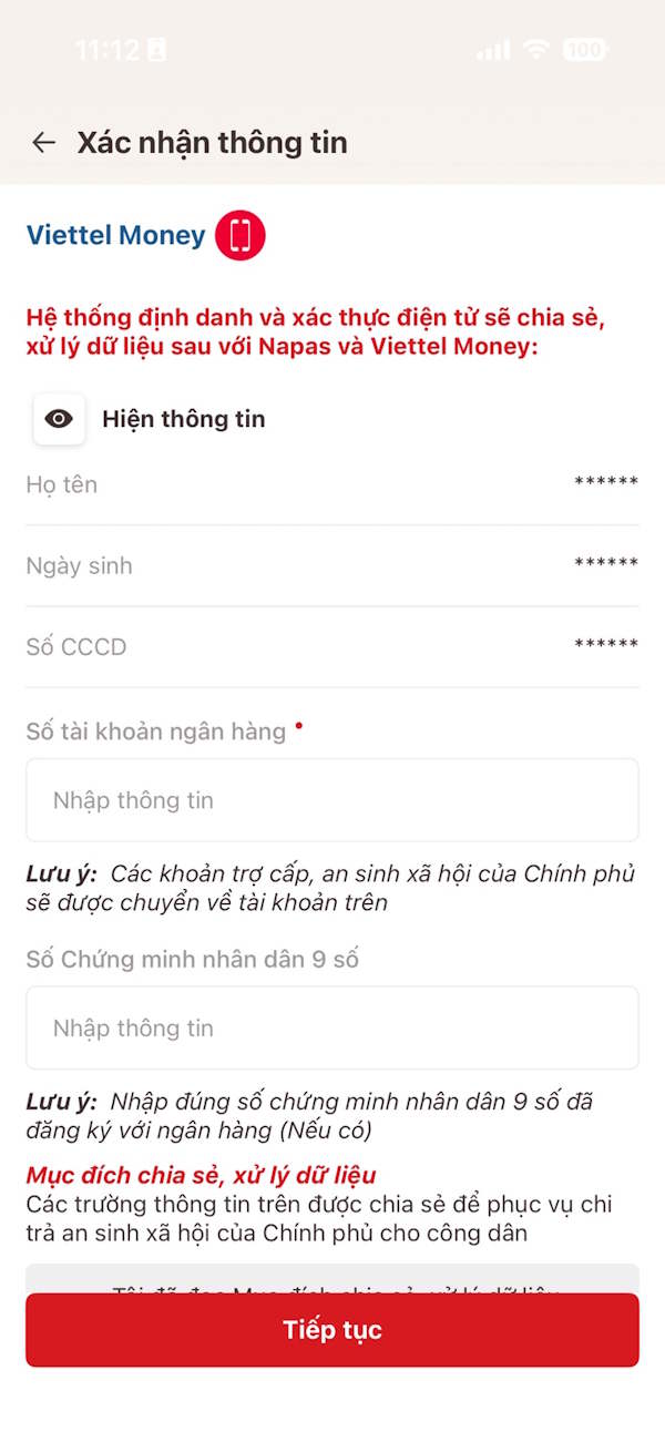 Điền thông tin Viettel Money liên kết VneID