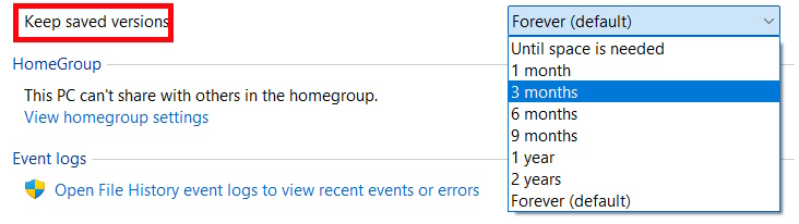 Keep saved versions File History