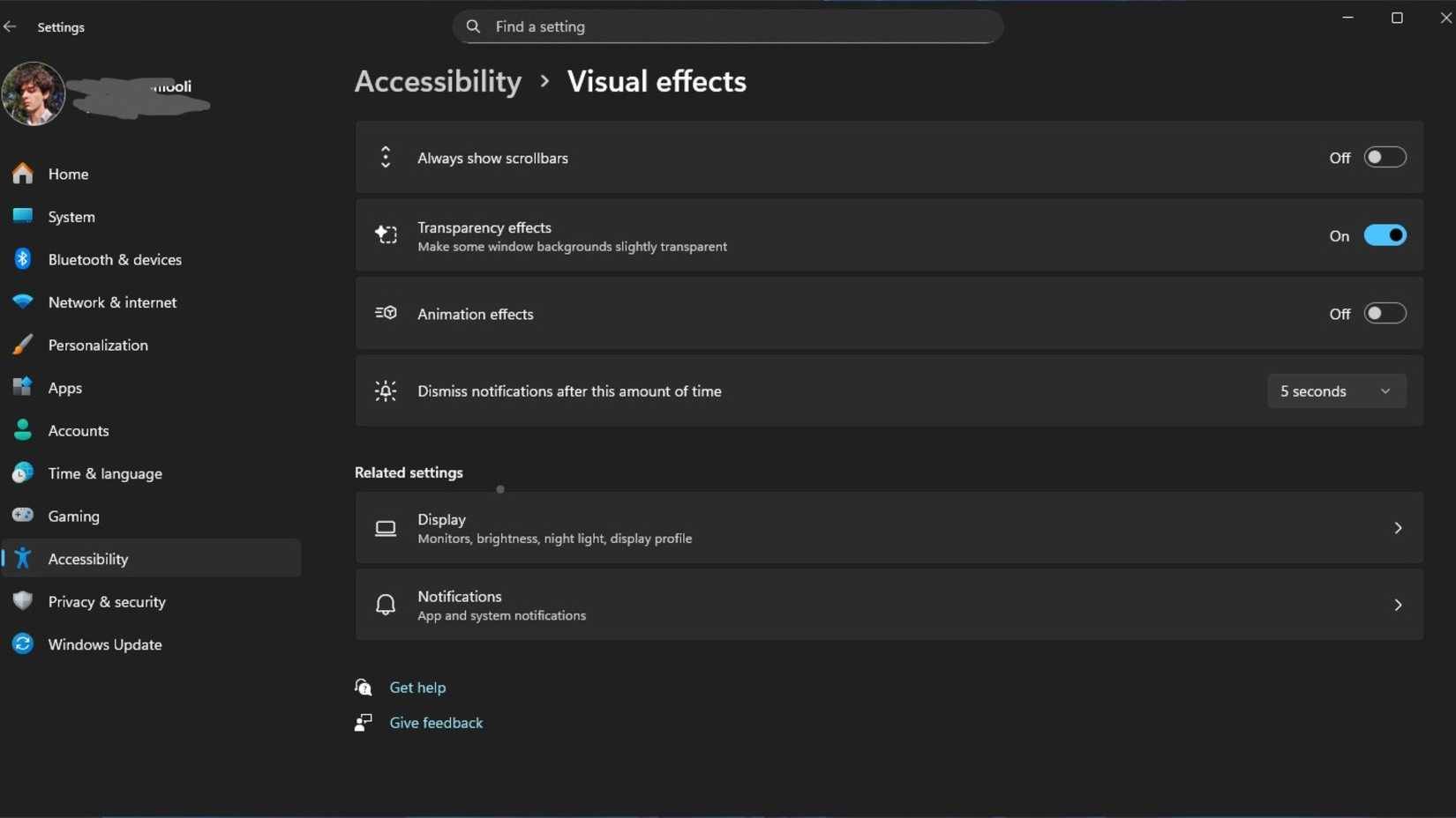 Tắt hoạt ảnh trong cài đặt Windows 11