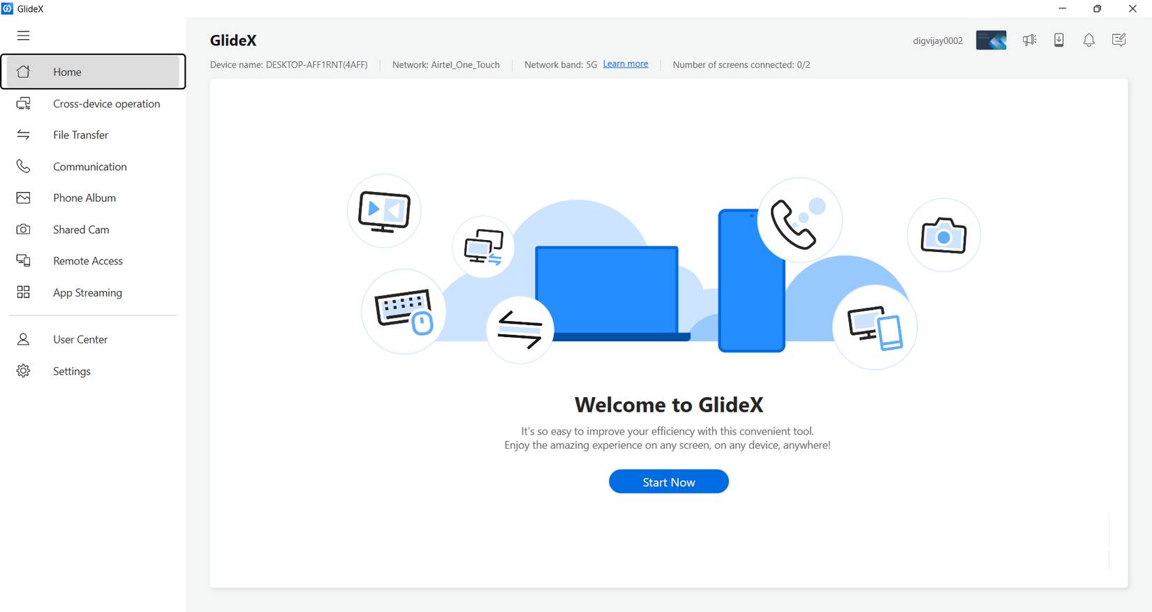 Màn hình chính ứng dụng GlideX trên desktop