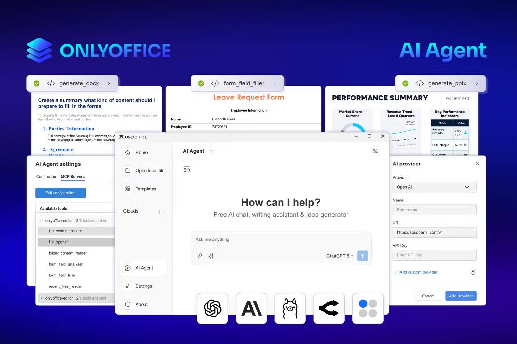 AI agent của ONLYOFFICE được hiển thị dưới nhiều hình thức