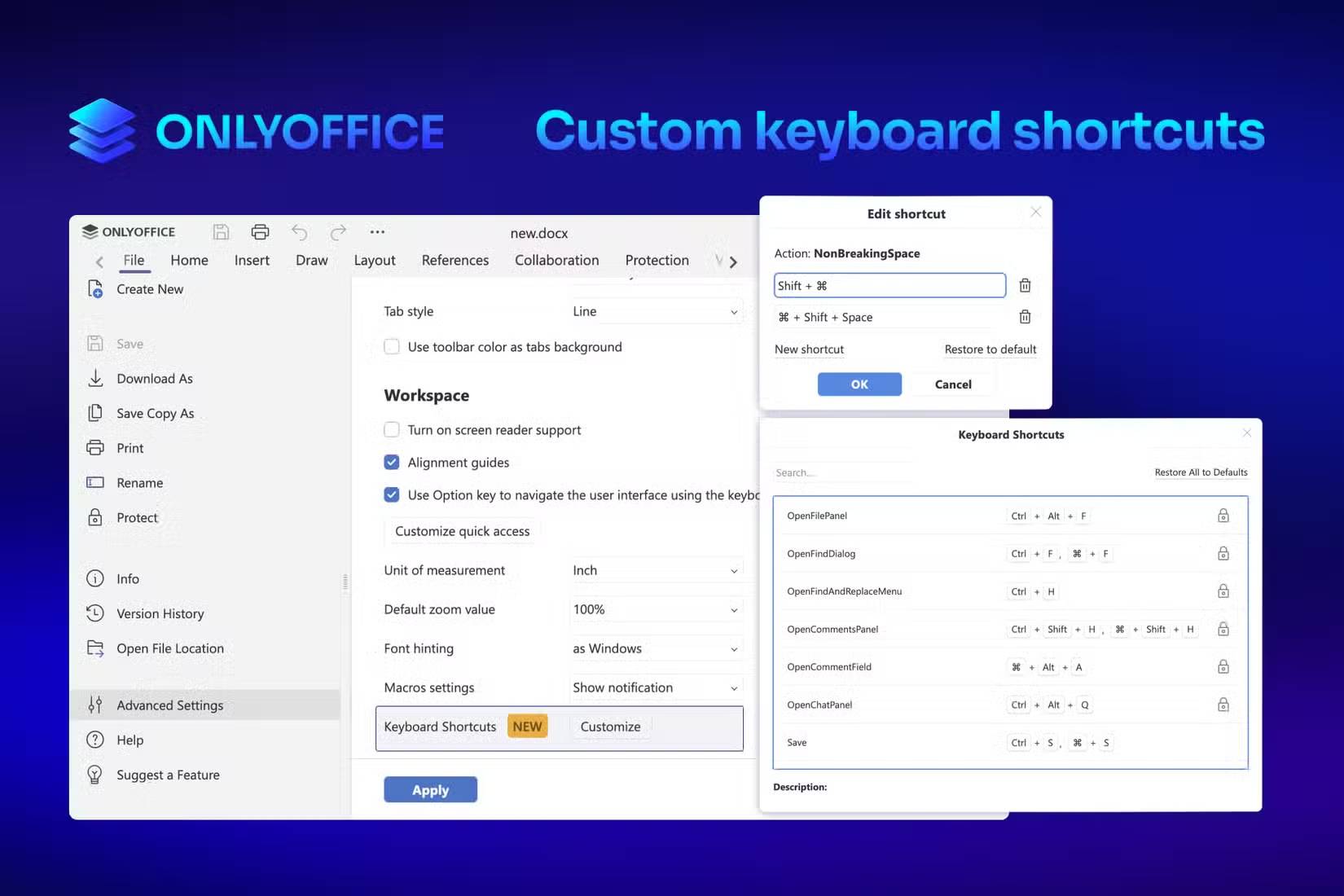 Phím tắt tùy chỉnh của ONLYOFFICE